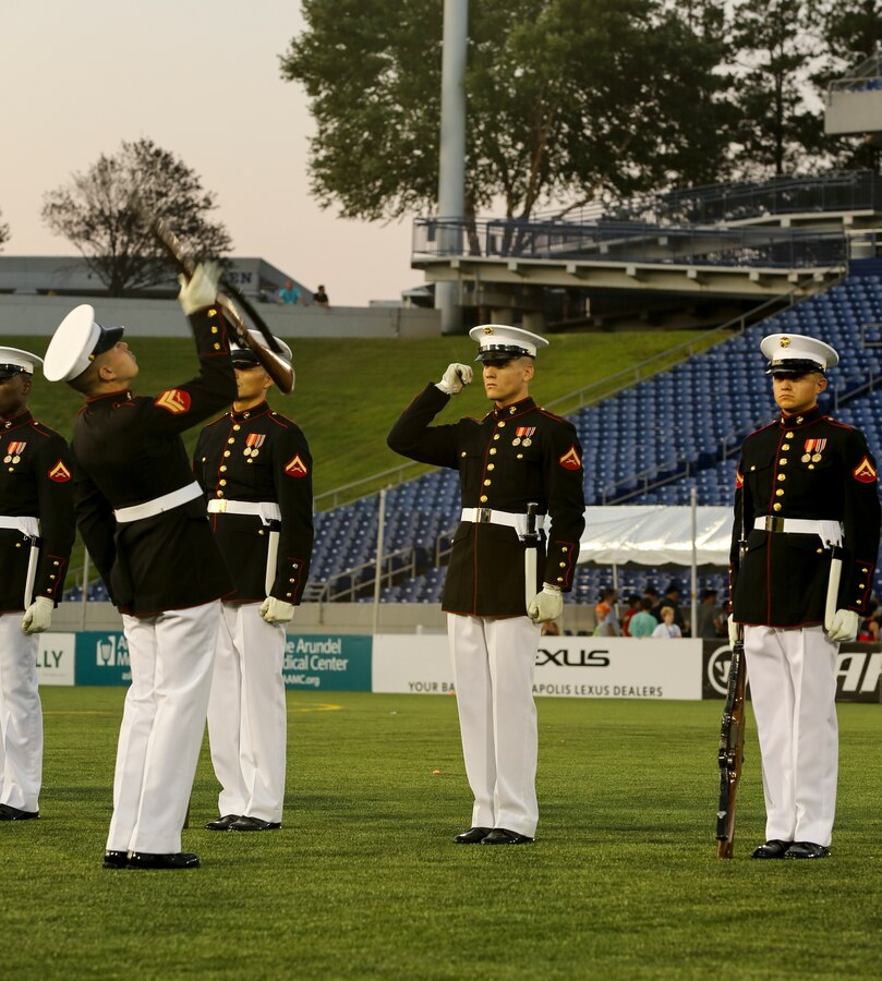 Marines with the U.S. Marine Corps Silent Drill Platoon execute their “rifle inspection” sequence at Navy-Marine Corps Memorial Stadium, Annapolis, Maryland, July 27, 2019. The Silent Drill Platoon performed during halftime at the Major League Lacrosse All Star Game. (U.S. Marine Corps photo by Pfc. Allen Sanders)