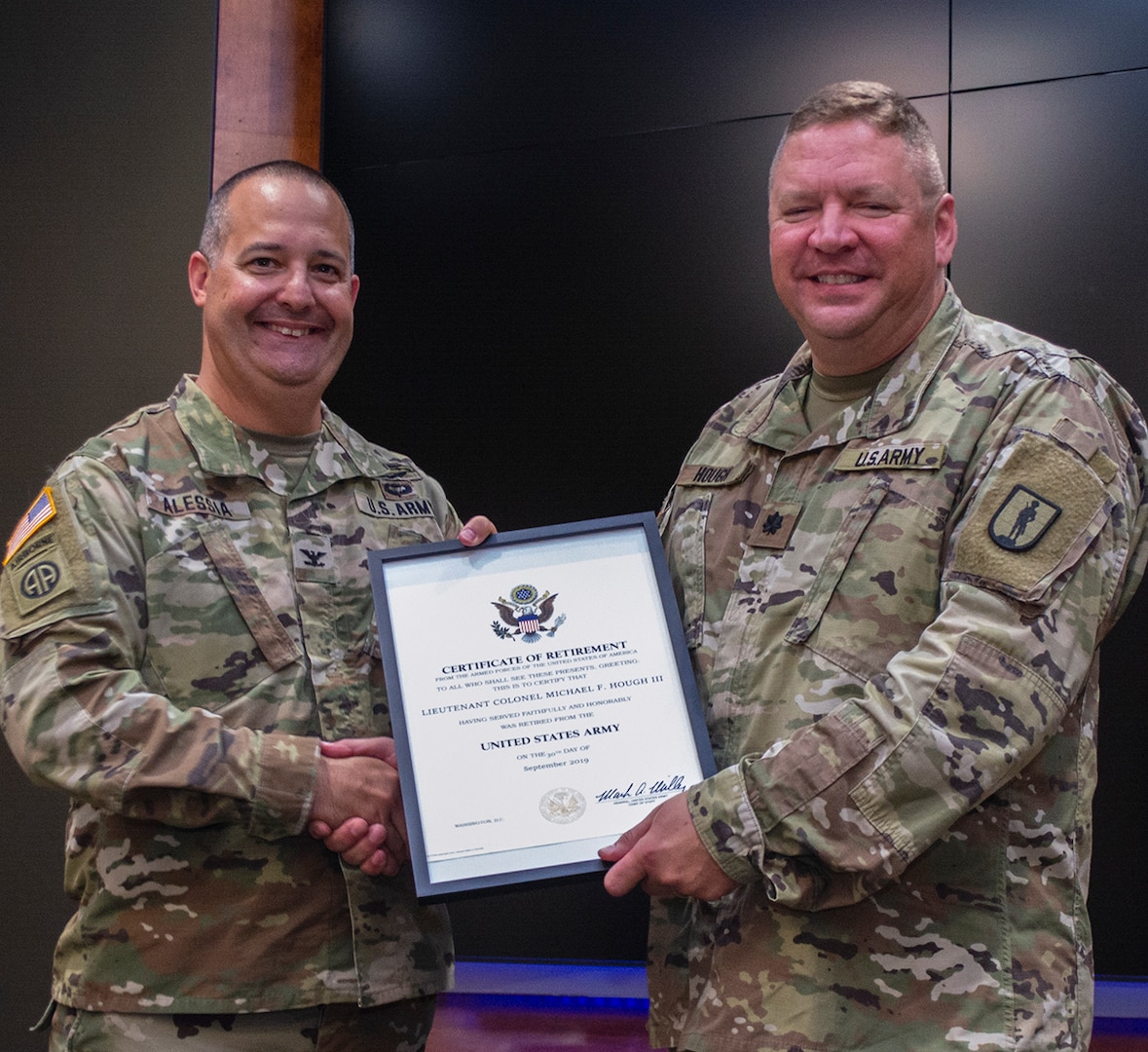 Certificate of Retirement presented to Lt. Col. Michael Hough