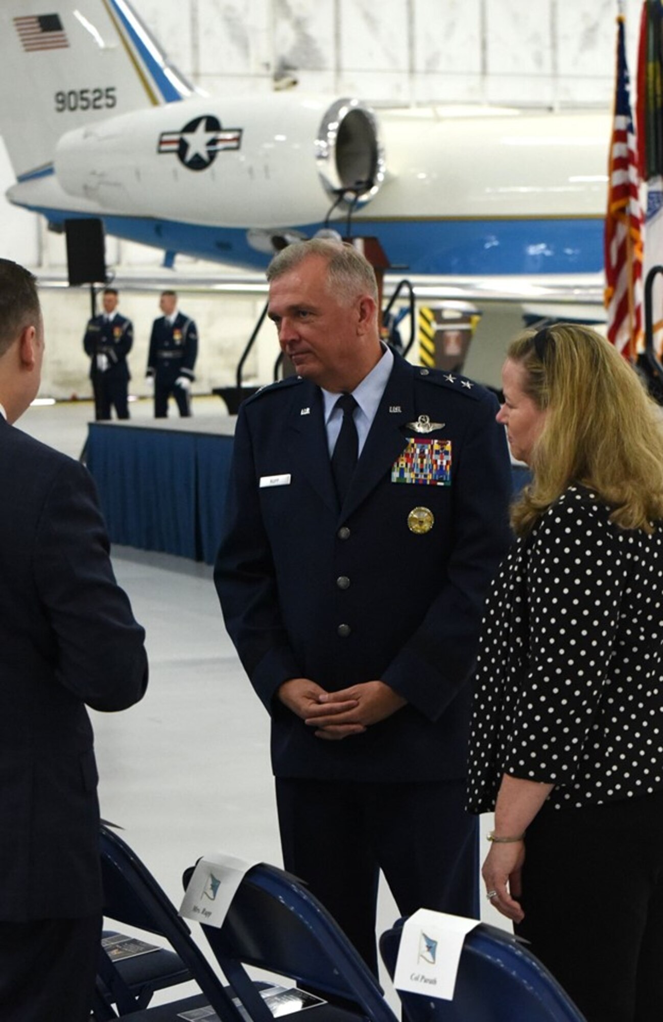 Air Force District of Washington Commander Maj. Gen. Ricky N. Rupp and his wife, Charlotte, chat with fellow attendees of the retirement ceremony in honor of United States Air Force Gen. Paul J. Selva, Vice Chairman of the Joint Chiefs of Staff. Selva, the 10th Vice Chairman of The Joint Staff, retires from the Air Force after more than 39 years of honorable service. (U.S. Air Force photo/James E. Lotz)