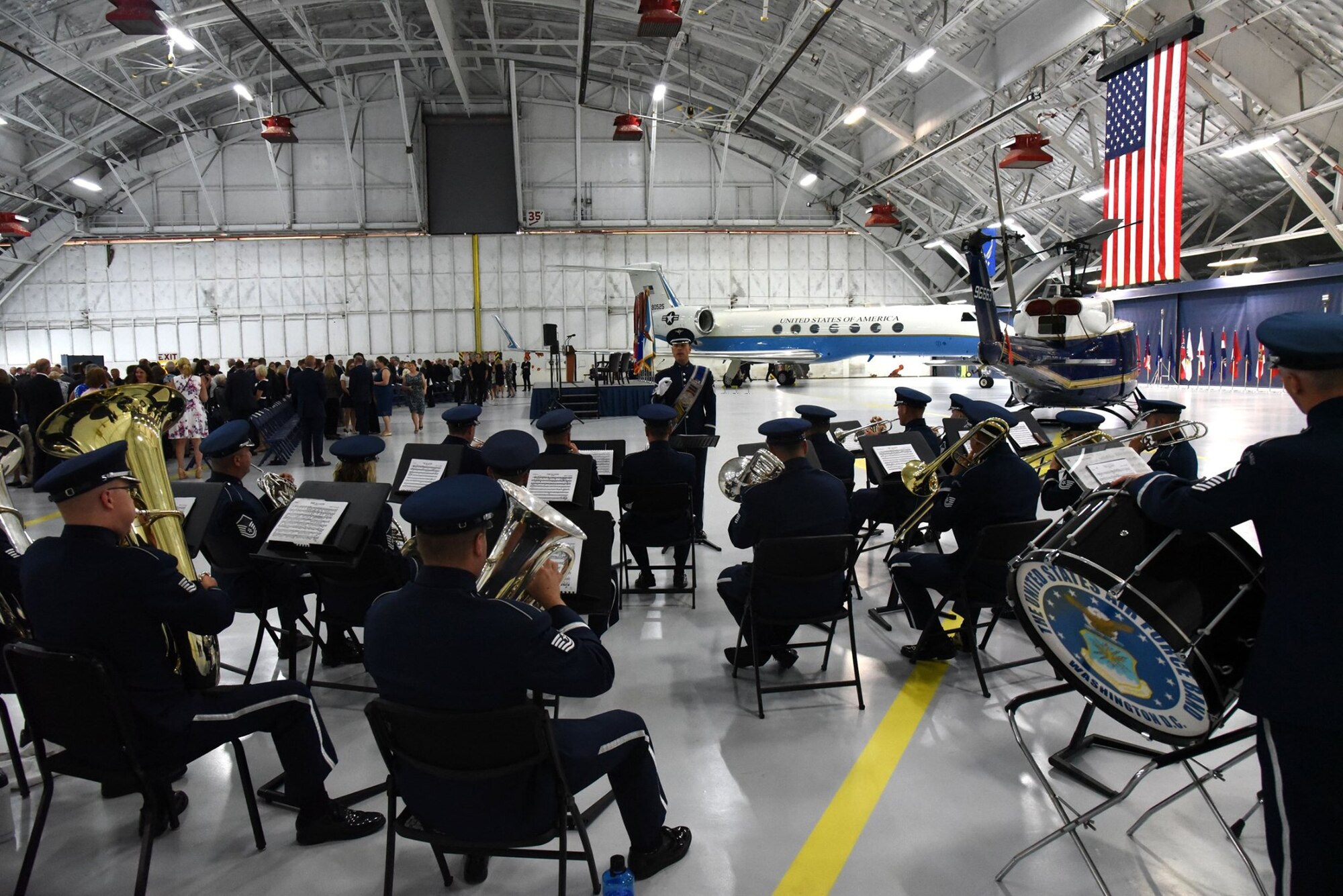 The The United States Air Force Band plays an opening medley before the retirement ceremony in honor of United States Air Force Gen. Paul J. Selva, Vice Chairman of the Joint Chiefs of Staff, at Joint Base Andrews Hangar 3. Selva, the 10th Vice Chairman of The Joint Staff, retires from the Air Force after more than 39 years of honorable service. (U.S. Air Force photo/James E. Lotz)