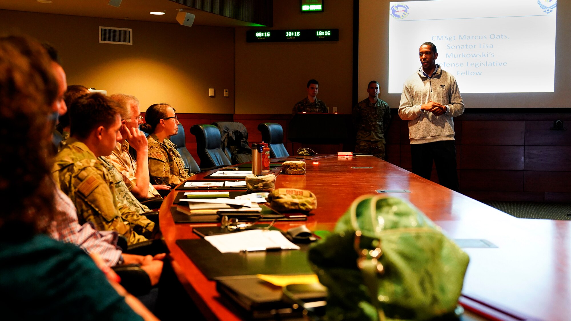 U.S. Air Force Lt. Col. Taono Enriquez, 673d Contracting Squadron commander, hosted Chief Master Sgt. Marcus Oats, the first enlisted Air Force contracting Legislative Fellow to serve in Congress, at a conference call on July 26,  2019, at Joint Base Elmendorf-Richardson, Alaska.  Oats' assignment on Capitol Hill marks the 7th year of the enlisted fellow program. It's an incredible opportunity for senior noncommissioned officers to represent the invaluable institutional expertise and experience of America's enlisted force. Enriquez and Oats were both selected to support Alaska Senator Lisa Murkowski. Their knowledge in military construction and other related appropriations was evident as they worked with the Senator's team to bolster the resilience of Alaska's military installations.