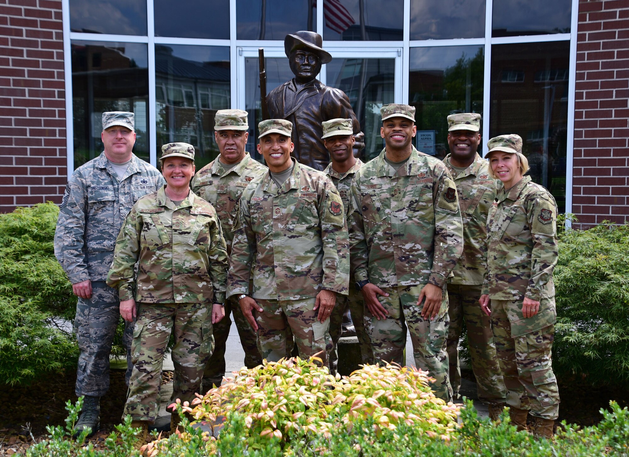 Leaders from the U.S. Air Force first sergeant community and the three wing command chief master sergeants from the Tennessee Air National Guard pose for a group photo July 23, 2019 at the I.G. Brown Training and Education Center on McGhee Tyson Air National Guard Base, Louisville, Tennessee. The leaders presented at a summit and symposium of first sergeants from across the Air Force that was organized by the Tennessee Air National Guard. (U.S. Air National Guard photo by Staff Sgt. Anthony Agosti)