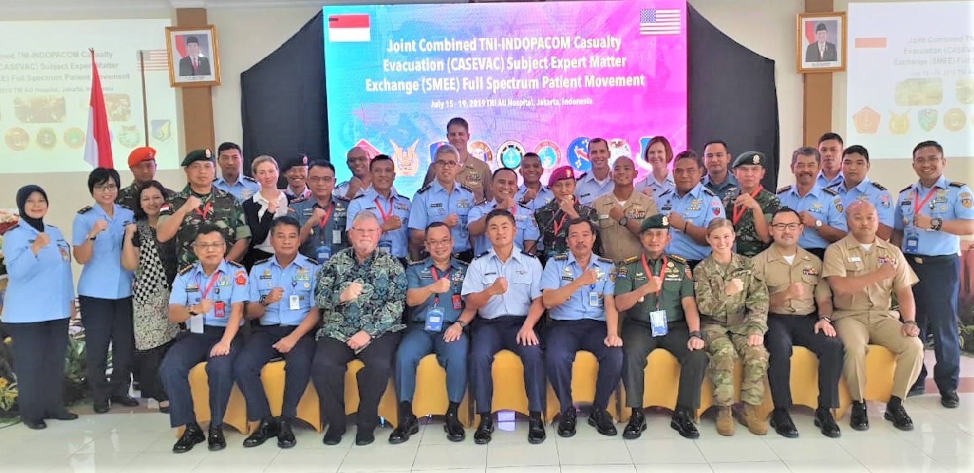U.S. and Indonesian Armed Forces, and civilian participants take a group photo during the inaugural Joint Combined TNI-U.S. Indo-Pacific Command Casualty Evacuation Subject Matter Expert Exchange – Full Spectrum Patient Movement, in Jakarta, Indonesia, July 15 through 18, 2019. (Courtesy Photo)
