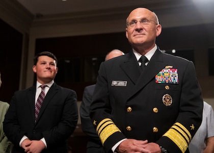 Navy Vice Adm. Michael M. Gilday, director of the Joint Staff, testifies before the Senate Armed Services Committee during his confirmation hearing for the position of Chief Naval Operations, at the U.S. Senate Dirksen Building in Washington, D.C., July 31, 2019.