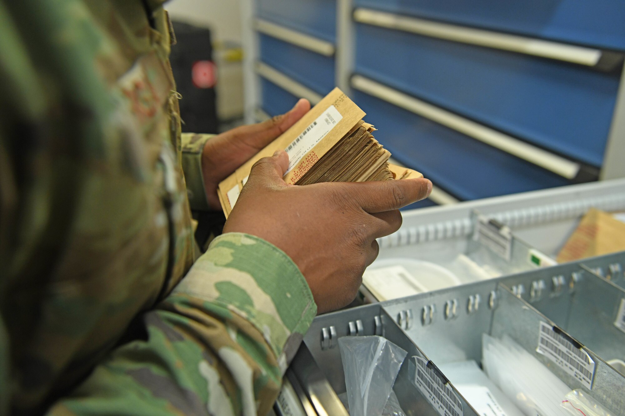 Staff Sgt. Jordan-Dean Morgan, 100th Logistics Readiness Squadron decentralized maintenance support supervisor, organizes bench stock maintenance supplies at RAF Mildenhall, England, July 31, 2019. The 100th LRS stood up the first KC-135 Stratotanker DMS section in U.S. Air Forces in Europe at RAF Mildenhall, England, in October 2019. (U.S. Air Force photo by Senior Airman Luke Milano)