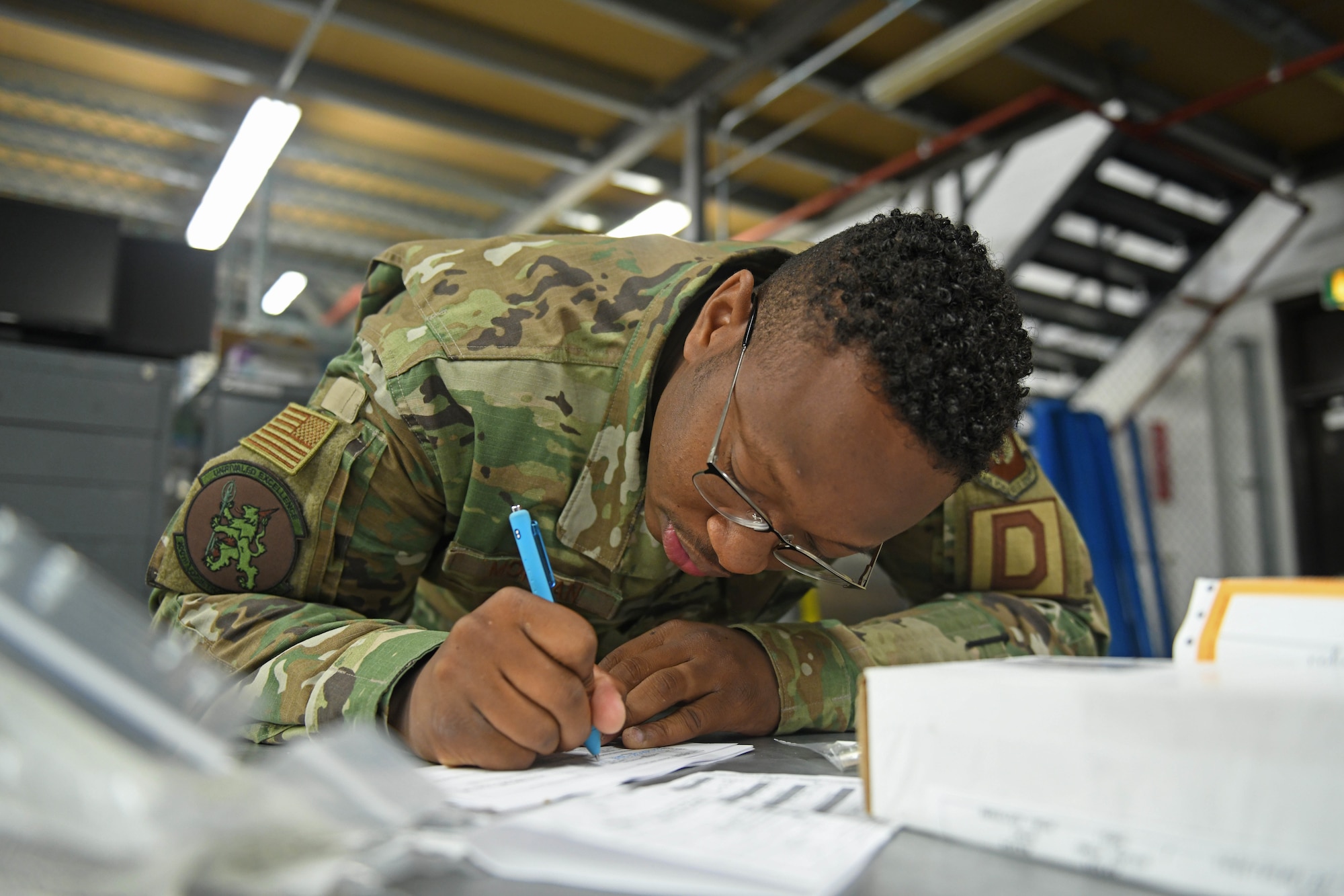 Staff Sgt. Jordan-Dean Morgan, 100th Logistics Readiness Squadron decentralized maintenance support supervisor, organizes maintenance supplies at RAF Mildenhall, England, July 31, 2019. The 100th LRS stood up the first KC-135 Stratotanker DMS section in U.S. Air Forces in Europe at RAF Mildenhall, England, in October 2019. (U.S. Air Force photo by Senior Airman Luke Milano)