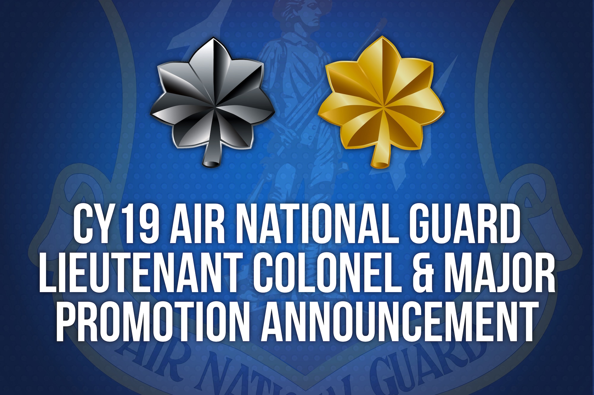 Headquarters Air Reserve Personnel Center officials announced results for the Calendar Year 2019 Air National Guard Lieutenant Colonel and Major Promotion Selection Board today. The boards selected more than 500 Citizen Airmen for promotion.

The selection boards convened at HQ ARPC April 15-19, 2019, to determine those officers best qualified to assume the next higher grade. Board members selected 369 for promotion to lieutenant colonel of 490 officers considered and 200 for promotion to major of the 223 considered.
