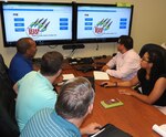 Members of the Air Force Installation and Mission Support Center's Budget Office Installation Support Team review the Budget Execution Analysis Strategy Tool, or BEAST, to monitor the status of must pay and unfunded requirements at installations across the Air Force.