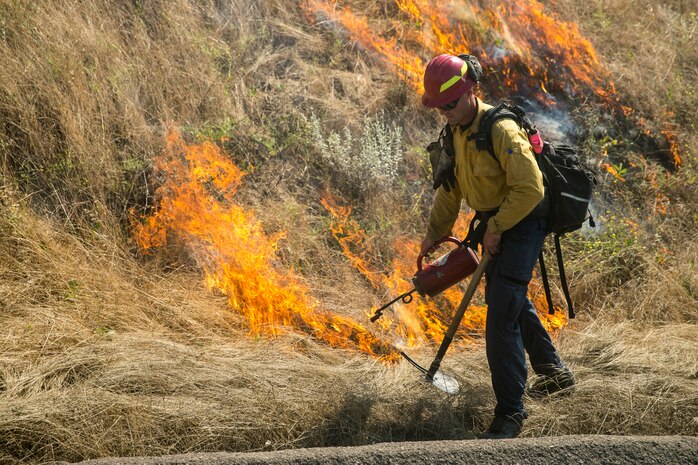 Firefighters with Oceanside Fire Department and the Camp Pendleton Fire Department initiate prescribed burns at Ranges 108 and 109 on Marine Corps Base Camp Pendleton, California, June 12, 2019. The CPFD encounters several wildfires each year. Prescribed burns are one of the many methods used to mitigate the unwanted spread of wildfires on the installation.