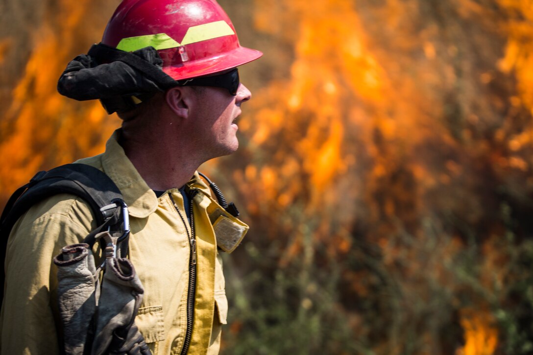 Firefighters with Oceanside Fire Department and the Camp Pendleton Fire Department initiate prescribed burns at Ranges 108 and 109 on Marine Corps Base Camp Pendleton, California, June 12, 2019. The CPFD encounters several wildfires each year. Prescribed burns are one of the many methods used to mitigate the unwanted spread of wildfires on the installation.