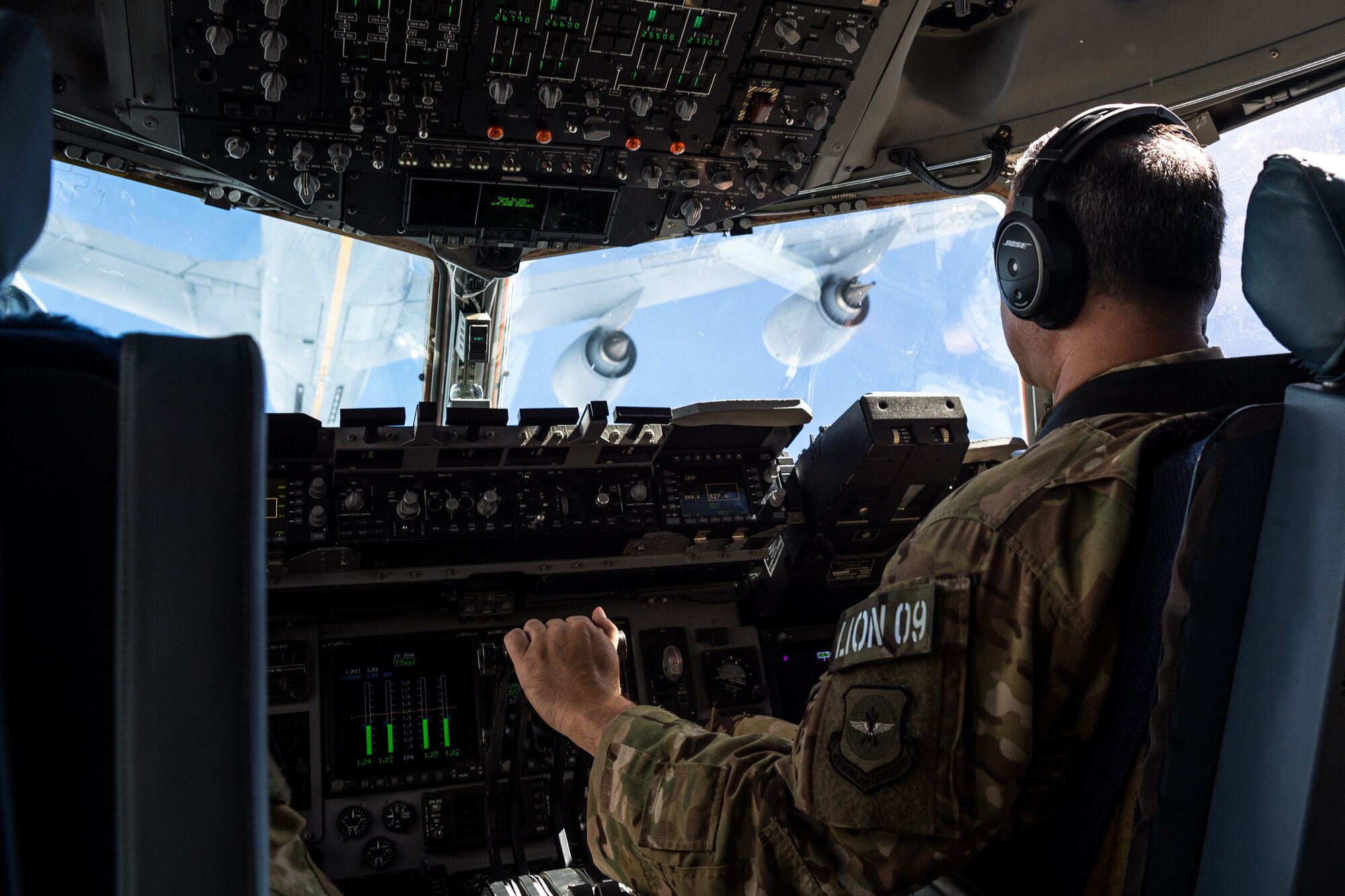 An C-17A Globemaster III during an aerial refueling