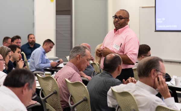Will Eggleston, a safety manager with the U.S. Army Engineering and Support Center, Huntsville, goes over introductions with a group of more than 70 contractors and government personnel attending a one-day joint workshop in Huntsville, Alabama, July 24, 2019. The group included representatives from the 13 energy-service companies that fall under Huntsville Center’s Energy Savings Performance Contracting Indefinite Delivery/Indefinite Quantity Multiple Award Task Order.