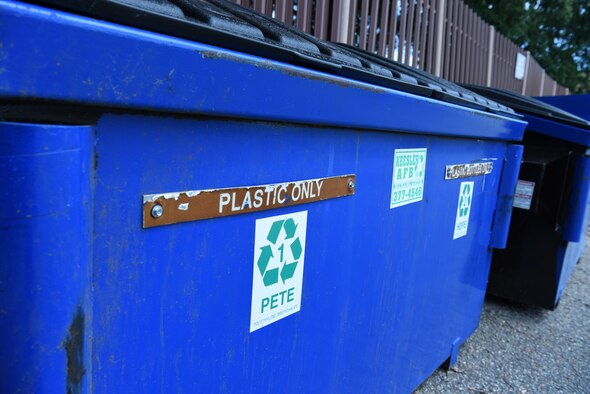 Recycling bins are organized outside of the Recycling Center on Keesler Air Force Base, Mississippi, July 30, 2019. The Qualified Recycling Program reduces the amount of waste going into the landfill and brings money to the base the more items are recycled. (U.S. Air Force photo by Senior Airman Suzie Plotnikov)