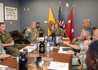 U.S. Army North (ARNORTH) Commanding General Army Lt. Gen. Laura Richardson is briefed by Joint Task Force Civil Support (JTF-CS) Commanding General Maj. Gen. William “Bill” Hall and the command’s leadership during her visit to JTF-CS headquarter. During the visit, which is her first since assuming command of ARNORTH, Richardson toured the facility to learn about the command’s capabilities and mission and received an operations brief with the command’s leadership. (Official DoD photo by Mass Communication Specialist 3rd Class Michael Redd/RELEASED)