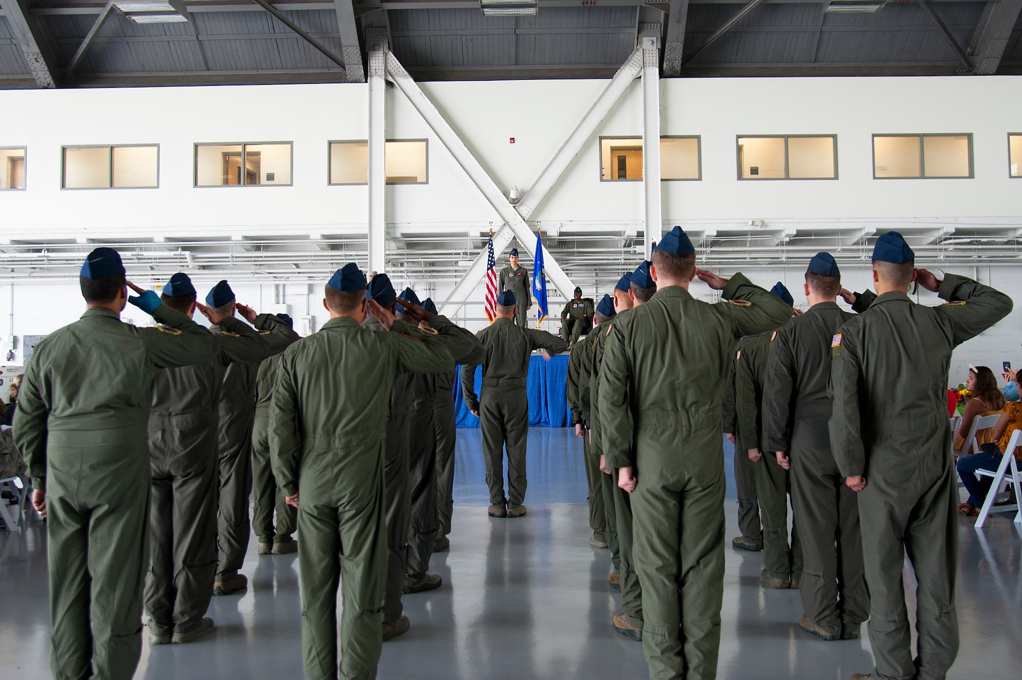 Members of the 50th Air Refueling Squadron (ARS) render their first salute to U.S. Air Force Lt. Col. Menola Guthrie, the 50th ARS commander, during a change of command ceremony, Aug. 2, 2019, at MacDill Air Force Base, Fla.  Prior to assuming command of the 50th ARS, Guthrie served as the 6th Air Mobility Wing Inspector General. (U.S. Air Force photo by Airman 1st Class Shannon Bowman)