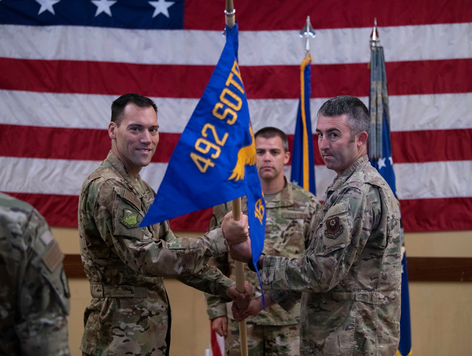 The 18th Flight Test Squadron was officially redesignated as the 18th Special Operations Test and Evaluation Squadron during a ceremony here, July 30. The importance of the name change is twofold. While it more accurately captures the mission of the unit, it also plays a significant role in normalizing the 492nd Special Operations Wing. (U.S. Air Force Photo by Master Sgt. Jeffrey Curtin)