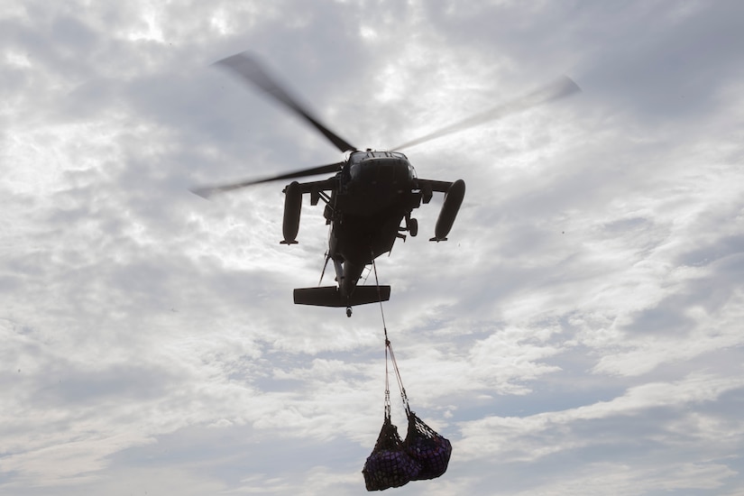 A UH-60 Blackhawk assigned to the 1st Battalion, 228th Aviation Regiment transports medical equipment and supplies from the U.S.N.S. Comfort to Punta Arenas, Costa, July 23, 2019. Pilots and aircrew assigned to the 1st Battalion, 228th Aviation transported personnel and equipment to allow the U.S. Naval Ship Comfort to provide medical care to Costa Rican citizens and Venezuelan migrants as part of the United States enduring promise of helping its southern neighbors. The Winged Warriors transported more than 470 people and 20 tons of cargo from July 21 - 30. (U.S. Air Force photo by Staff Sgt. Eric Summers Jr.)