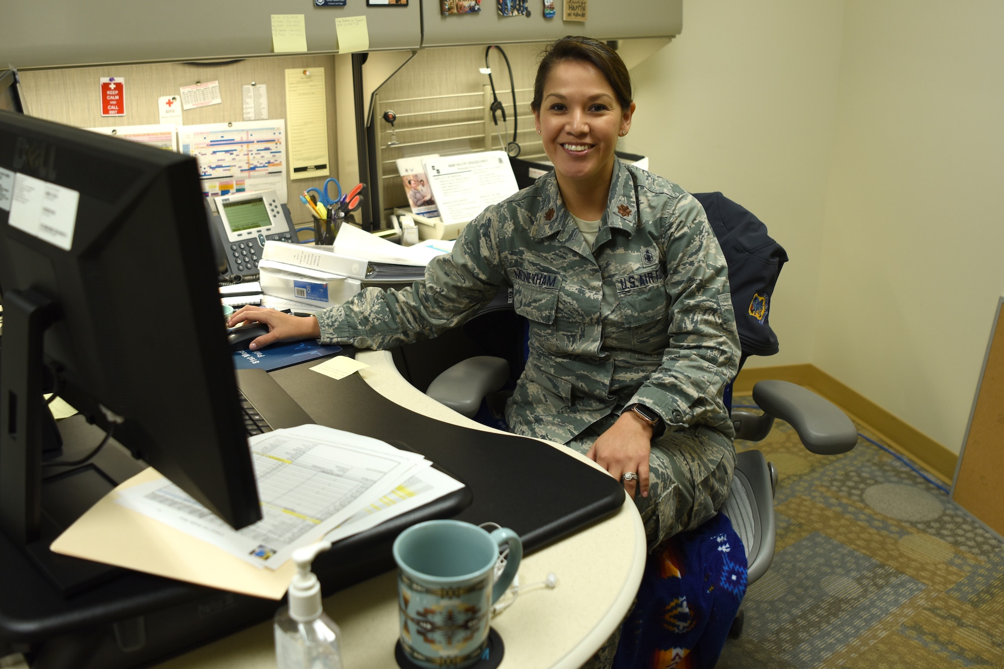 U.S. Air Force Maj. Tanya Mooneyham, 81st Medical Group Intensive Care Unit element leader, poses for a photo inside Keesler Medical Center on Keesler Air Force Base, Mississippi, July 15, 2019. Mooneyham received the 2019 Society of American Indian Government Employees Military Meritorious Service Award for her dedicated work in her community while supporting the Defense Department mission. (U.S. Air Force photo by Senior Airman Suzie Plotnikov)
