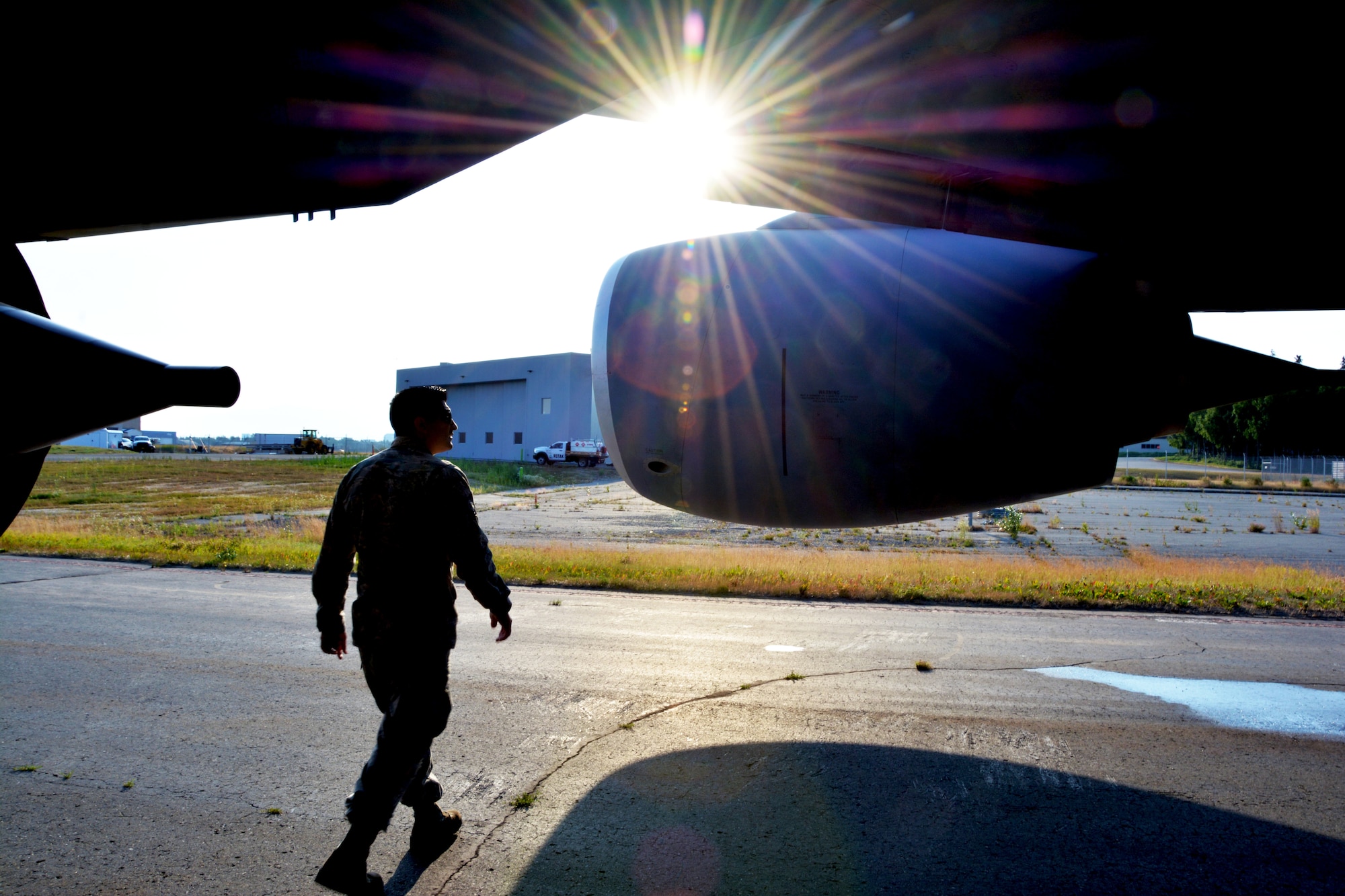 Tech. Sgt. Adrian Condit, 507th Maintenance Squadron crewchief, inspects a KC-135R Stratotanker during pre-flight operations at Ted Stevens Anchorage International Airport, Alaska, July 19, 2019. (U.S. Air Force photo by Tech. Sgt. Samantha Mathison)