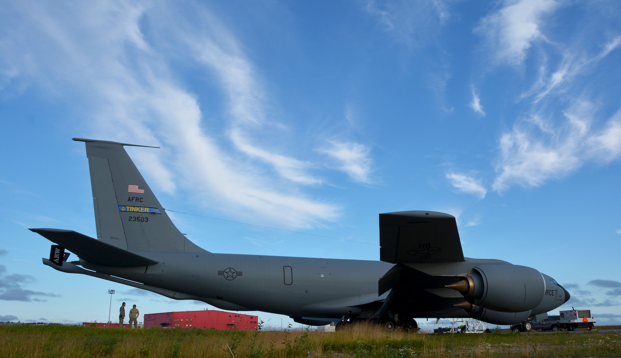 507th Maintenance Squadron Crewchiefs, Tech. Sgts. Adrian Condit and Mykal Short, prepare a KC-135R Stratotanker for flight at Ted Stevens Anchorage International Airport, Alaska, July 17, 2019. 507th ARW operations and maintenance Airmen were in Alaska supporting air refueling operations. (U.S. Air Force photo by Tech. Sgt. Samantha Mathison)