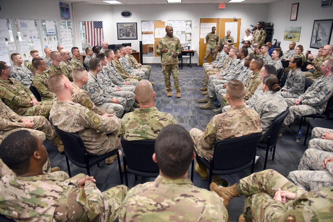 Chief Master Sgt. of the Air Force #18 Kaleth O. Wright visited several units at Tinker Air Force Base and toured the 137th Special Operations Wing at Will Rogers Air National Guard Base July 30-31. During his visit, Wright received an overview of Tinker missions with an emphasis on Airmen's contributions to readiness through innovation and their impact throughout the Air Force. Wright also delivered a presentation focusing on Wingman and total force resiliency at an Enlisted All Call at Rose State College. (U.S. Air Force photo/Kelly White)