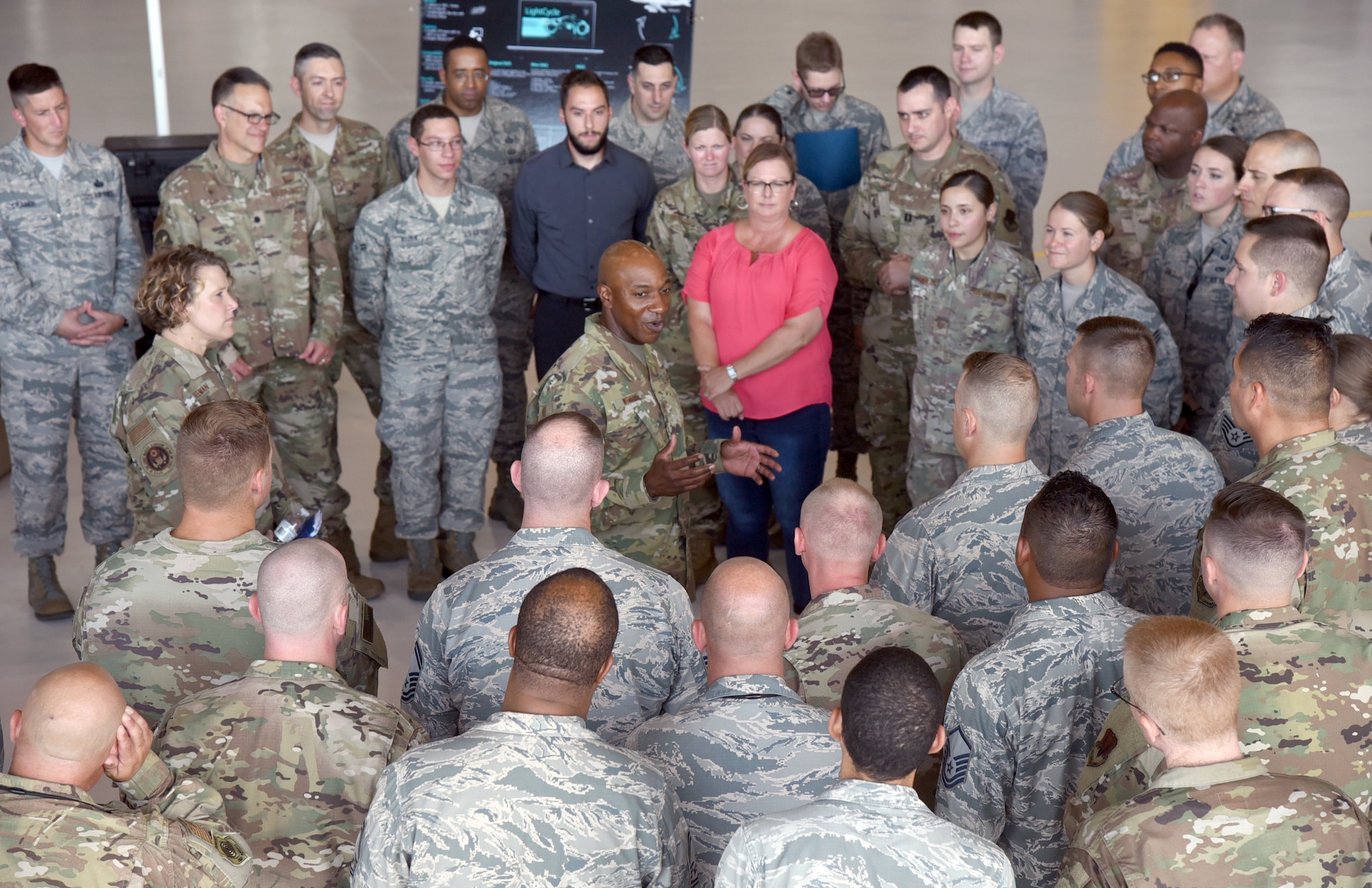 Chief Master Sgt. of the Air Force #18 Kaleth O. Wright visited several units at Tinker Air Force Base and toured the 137th Special Operations Wing at Will Rogers Air National Guard Base July 30-31. During his visit, Wright received an overview of Tinker missions with an emphasis on Airmen's contributions to readiness through innovation and their impact throughout the Air Force. Wright also delivered a presentation focusing on Wingman and total force resiliency at an Enlisted All Call at Rose State College. (U.S. Air Force photo/Kelly White)