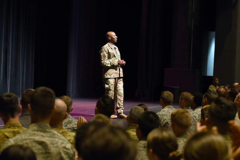 Chief Master Sgt. of the Air Force #18 Kaleth O. Wright visited several units at Tinker Air Force Base and toured the 137th Special Operations Wing at Will Rogers Air National Guard Base July 30-31. During his visit, Wright received an overview of Tinker missions with an emphasis on Airmen's contributions to readiness through innovation and their impact throughout the Air Force. Wright also delivered a presentation focusing on Wingman and total force resiliency at an Enlisted All Call at Rose State College. (U.S. Air Force photo/Kelly White)