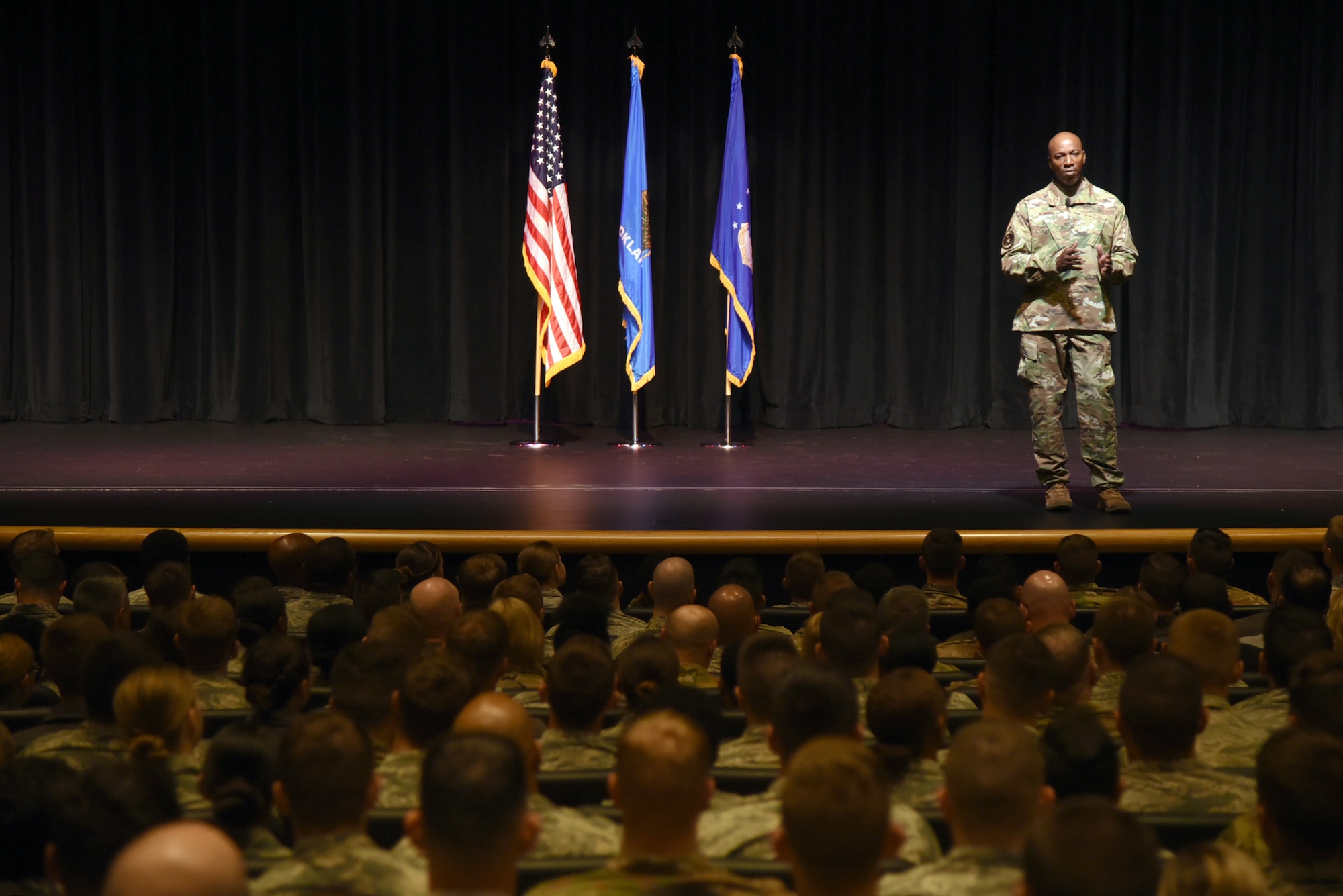 Chief Master Sgt. of the Air Force #18 Kaleth O. Wright visited several units at Tinker Air Force Base and toured the 137th Special Operations Wing at Will Rogers Air National Guard Base July 30-31. During his visit, Wright received an overview of Tinker missions with an emphasis on Airmen's contributions to readiness through innovation and their impact throughout the Air Force. Wright also delivered a presentation focusing on Wingman and total force resiliency at an Enlisted All Call at Rose State College. (U.S. Air Force photo/Kelly White)