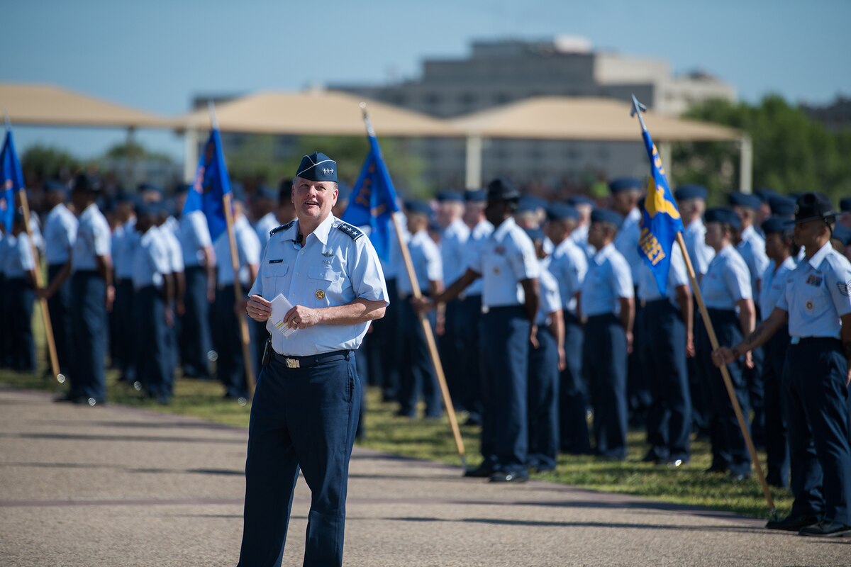 U.S. Air Force Lt. Gen. Brad Webb, commander of Air Education and Training Command (AETC), addresses Airmen during basic military training graduation Aug. 2, 2019, at Joint Base San Antonio-Lackland, Texas.