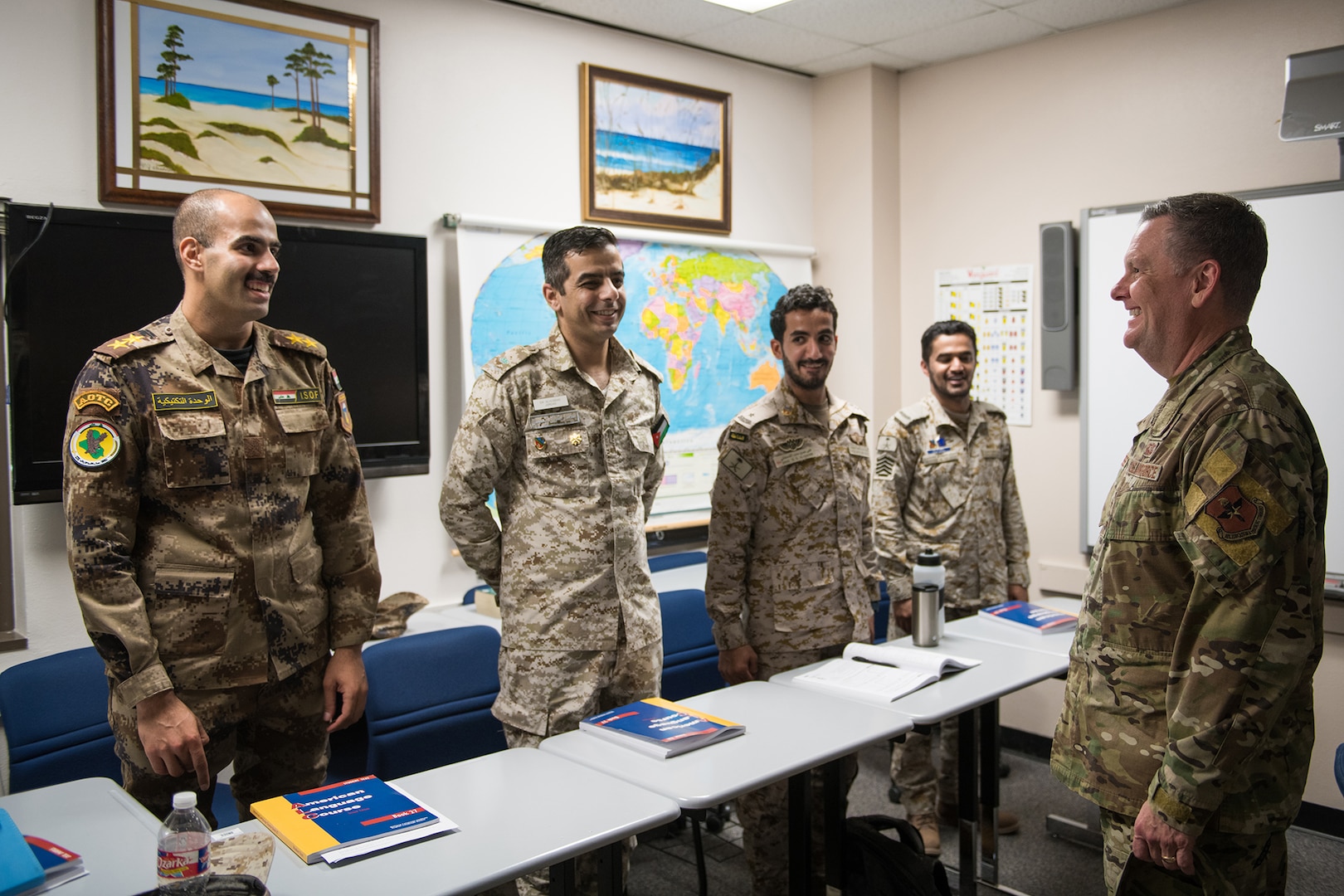U.S. Air Force Lt. Gen. Brad Webb (right) meets with international students during his immersion tour at the 637th Training Group at Defense Language Institute English Language Center Aug.1, 2019, at Joint Base San Antonio-Lackland, Texas