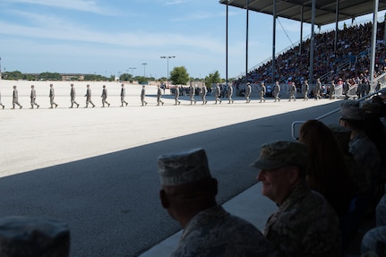 U.S. Air Force Lt. Gen. Brad Webb, commander of Air Education and Training Command (AETC), attends the coin ceremony Aug. 1, 2019, at Joint Base San Antonio-Lackland, Texas