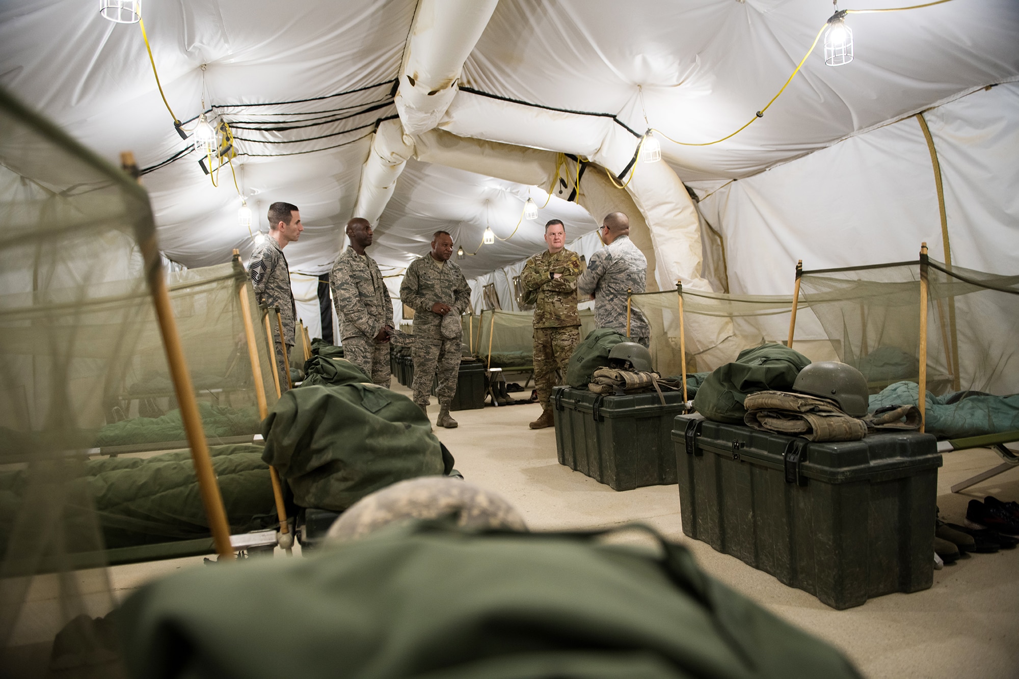 U.S. Air Force Lt. Gen. Brad Webb, commander of Air Education and Training Command (AETC), tours Basic Expeditionary Airmen Skills Training Aug. 1, 2019, at Joint Base San Antonio-Lackland, Texas