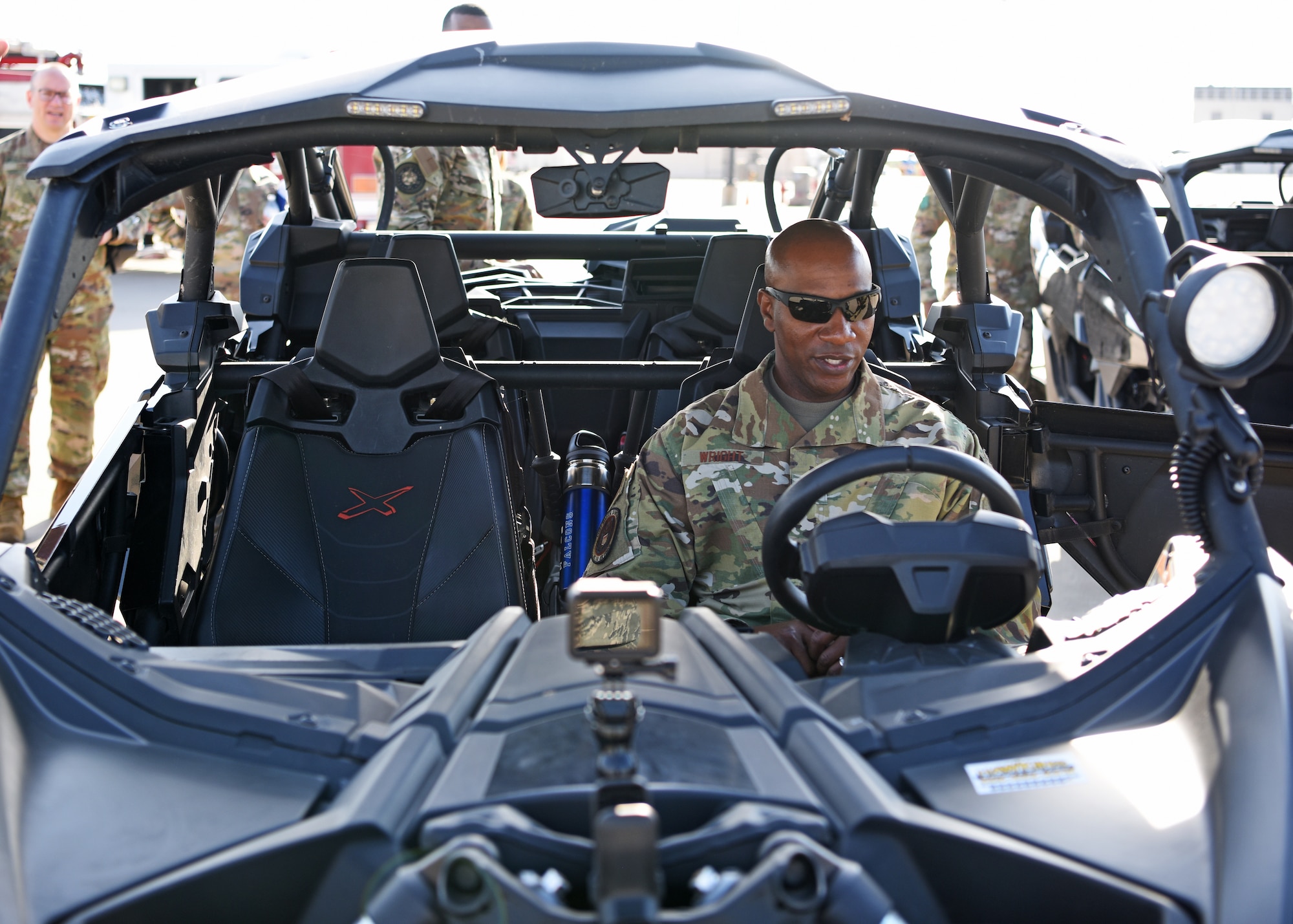 Chief Master Sergeant of the Air Force Kaleth O. Wright prepares to operate a utility task vehicle at Goodfellow Air Force Base, Texas, August 2, 2019. The UTV is used by the 17th Security Forces Squadron to patrol the wilderness of Goodfellow AFB that makes up 60% of the base. (U.S. Air Force photo by Airman 1st Class Ethan Sherwood/Released)