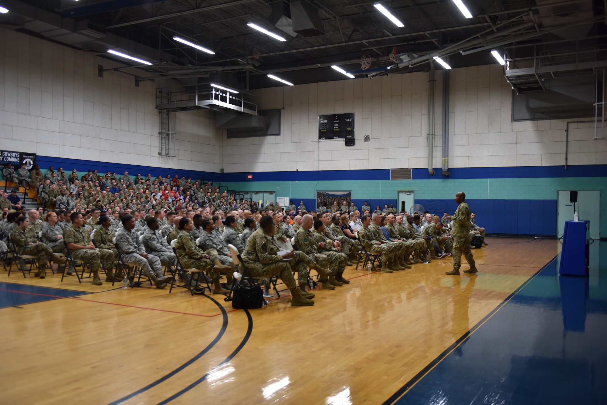 Chief Master Sergeant of the Air Force Kaleth O. Wright speaks with members of the 17th Training Wing at the Mathis Fitness Center on Goodfellow Air Force Base, Texas, August 2, 2019. Chief Wright hosted an all-call at the end of his base tour after visiting several base organizations and speaking with Goodfellow Airmen and leaders. (U.S. Air Force photo by Senior Airman Seraiah Wolf/Released)