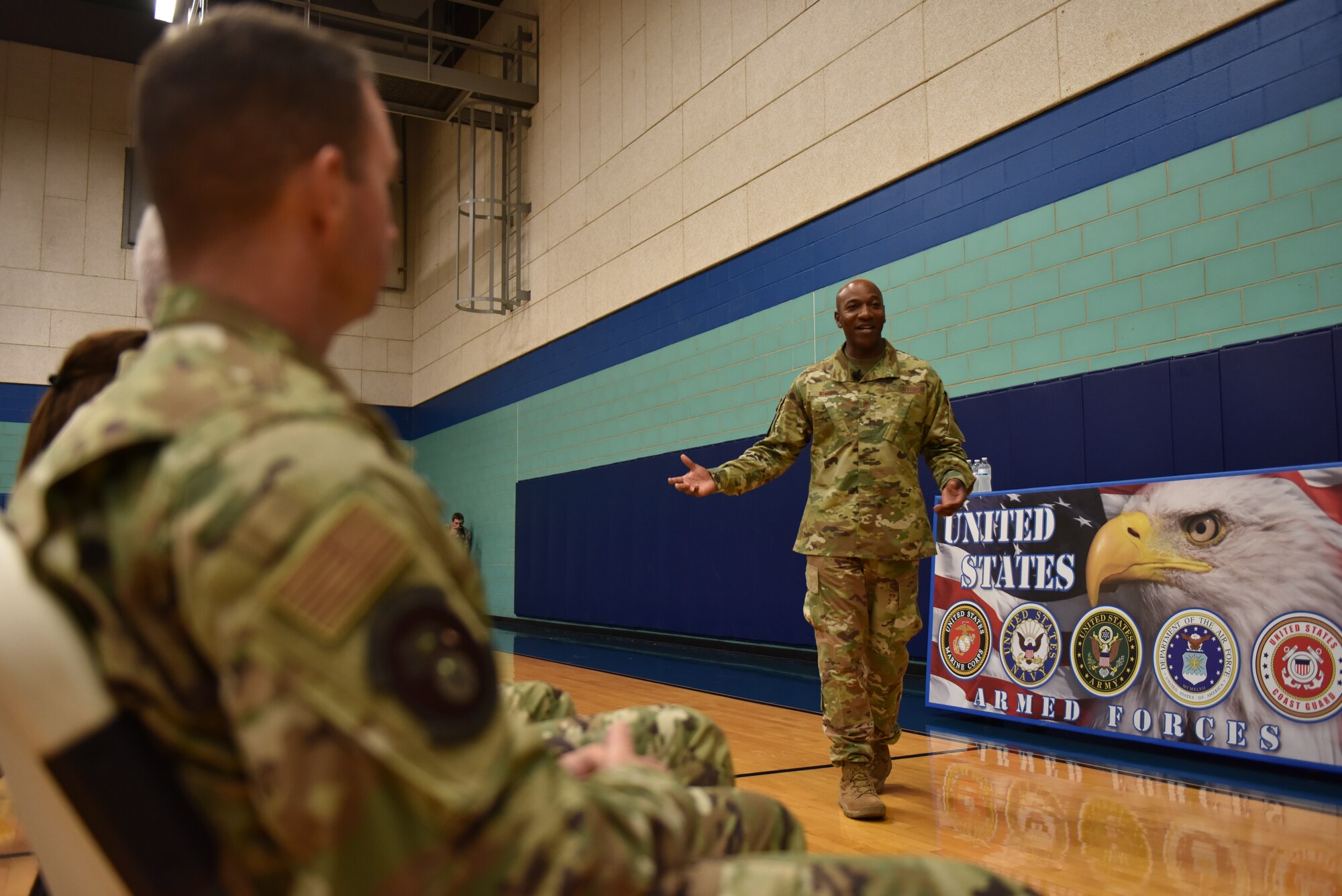 Chief Master Sergeant of the Air Force Kaleth O. Wright speaks with members of the 17th Training Wing during an all-call at the Mathis Fitness Center on Goodfellow Air Force Base, Texas, August 2, 2019. The all-call was the final event of a base tour where Chief Wright visited several base organizations and spoke with Goodfellow Airmen and leaders. (U.S. Air Force photo by Senior Airman Seraiah Wolf/Released)