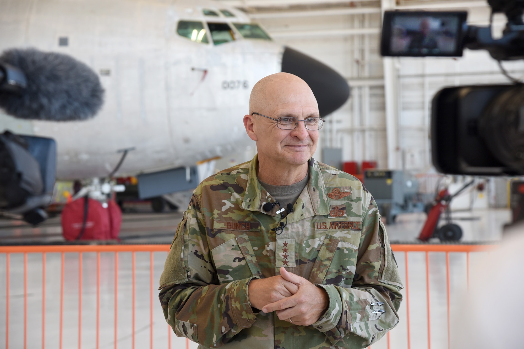 Air Force Materiel Command Commander Gen. Arnold Bunch, Jr. spoke in front of a KC-135 Stratotanker at a press conference July 24 to address his visit to Tinker Air Force Base. After touring several workplaces, Bunch and AFMC Command Chief Master Sgt. Stanley Cadell gained a broader understanding of AFSC and Team Tinker missions and their impact to the Air Force. (U.S. Air Force photo/Kelly White)