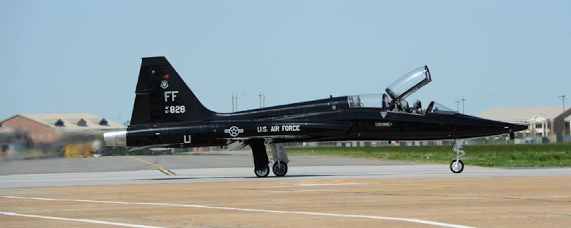 A T-38 Talon taxis down the runway at Langley Air Force Base, Va., March 26, 2012. The T-38s typically fly twice daily to provide adversary support at a fraction of the operational costs of other aircraft. (U.S. Air Force photo by Airman 1st Class Teresa Cleveland/Released)