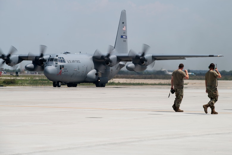 A C130H assigned to the 357th Airlift Squadron, 908th Airlift Wing, Maxwell Air Force Base Alabama, taxis down the flight line in support of Carpathian Summer 19, July 31, 2019, at Otopeni Air Base, Romania.