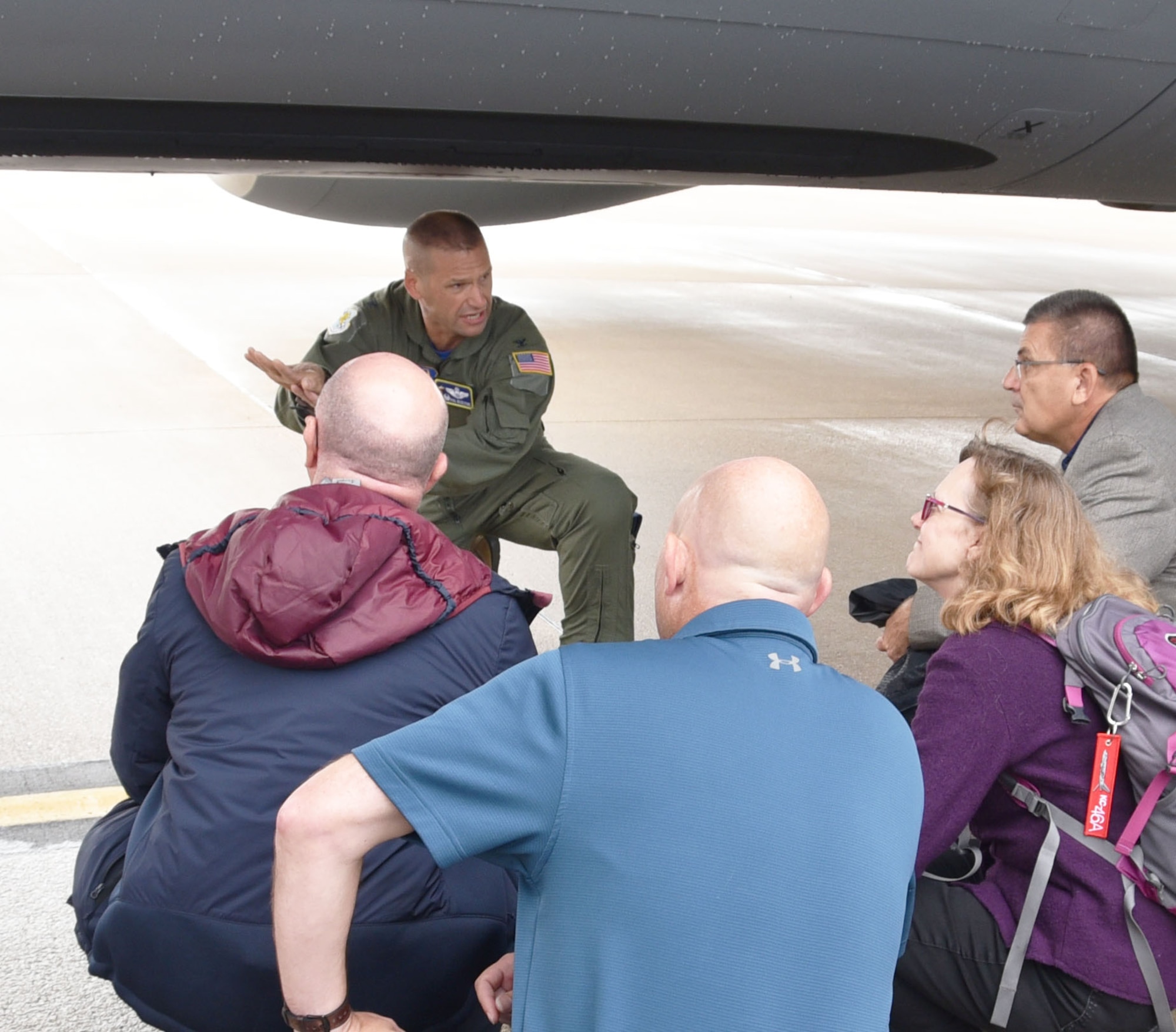 Col. Phil Heseltine, 931st Air Refueling Wing commander, speaks with guests of a "Bosslift" sponsored by the local Employer Support of the Guard and Reserve Aug. 3, 2019, at McConnell Air Force Base. During the event, ten civilian employers of 931 ARW Airmen received a first-hand look at how their Reservist employee supports strategic reach.