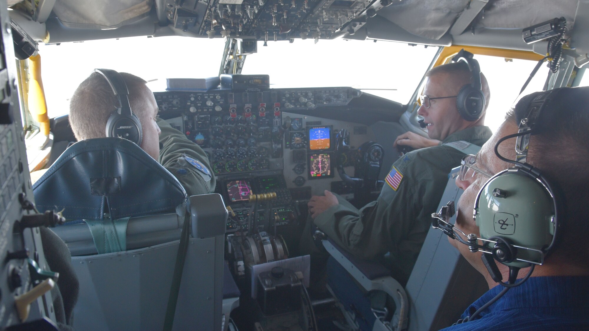 (Left to right) Lt. Col. Joseph Oline, 931st Operations Support Squadron Mission Scheduling chief, and Col. Phil Heseltine, 931st Air Refueling Wing commander, fly a KC-135 Stratotanker assigned to McConnell Air Force Base, Aug. 3, 2019.  Jerry Lazar, Boeing KC-46 Pegasus Tanker Fleet chief, sat in the jump seat during the flight.  Lazar was one of ten civilian employers who participated in a "Bosslift" sponsored by the local Employer Support of the Guard and Reserve. During the event, civilian employers of 931 ARW Airmen received a first-hand look at how their Reservist employee supports strategic reach.