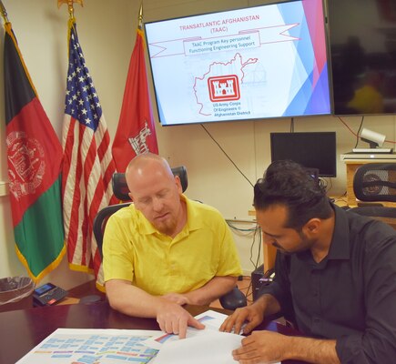 David Hardin, USACE TAAC Project Manager and TAAC Local National Lead Engineer discuss ongoing assessment of Afghan National Army and Afghan National Police at the Kabul Project Delivery Platform.