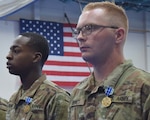 Pvt.1st Class Terry Brown of Albany, Georgia, and Pfc. Caleb Bennett of Rockmart, Georgia, were among the Soldiers recognized with an Army Achievement Medal during a battle handoff ceremony at Fort Stewart. Brown, of the Cumming-based 420th Signal Company and Bennett of the Statesboro-based Georgia Southern Cadet Detachment were the honor graduates of their basic combat training classes.
