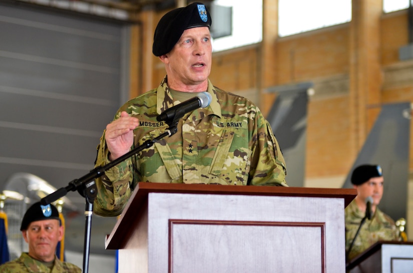 377th Theater Sustainment Command Commanding General, Maj. Gen. Greg Mosser, speaks from the podium for the first time after assuming command of the 377th TSC following a change of command ceremony at Naval Air Station Joint Reserve Base New Orleans, Belle Chasse, La.,  August 3, 2019.