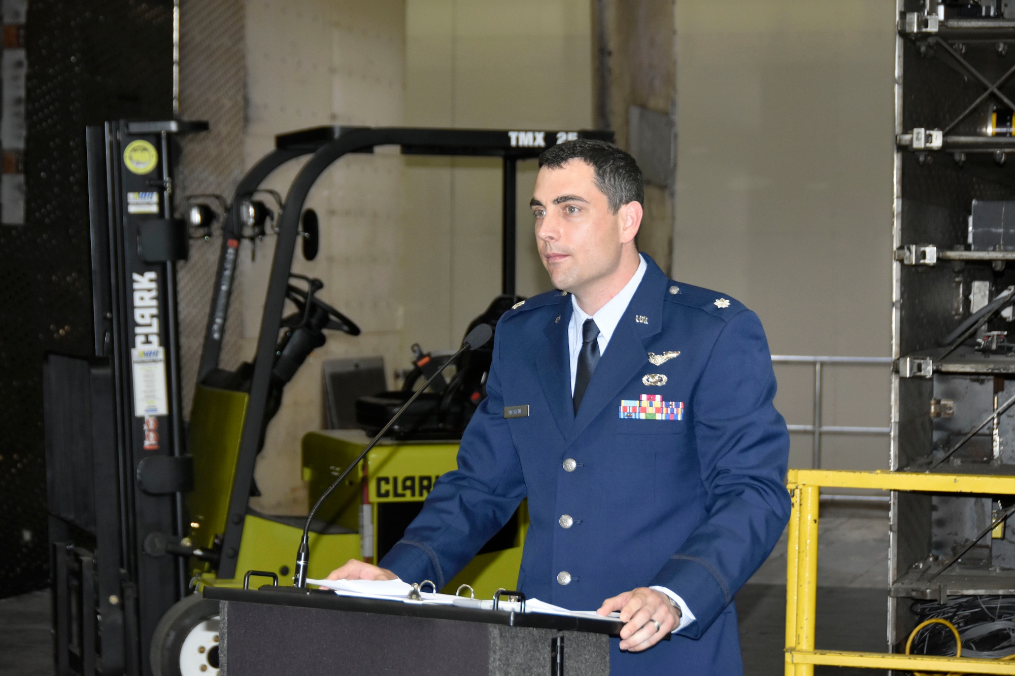 After accepting the guidon as the new AEDC Flight Systems Commander, Lt. Col. John McShane, addresses those in attendance at his Change of Leadership ceremony June 28. Before coming to Arnold, McShane previously served as Program Element Monitor for Advanced Aircraft Technology at the Directorate of Special Programs, Assistant Secretary of the Air Force at the Pentagon in Washington, D.C. (U.S. Air Force photo by Bradley Hicks)