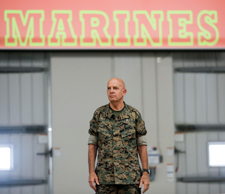 Commandant of the Marine Corps Gen. David H. Berger and Sergeant Major of the Marine Corps Sgt. Maj. Troy E. Black visited Marine Corps Recruit Depot Parris Island July 29, 2019. They held a Town Hall meeting aboard the depot to address the current state of the Marine Corps and discussed their future vision and expectations for Marines. (U.S. Marine Corps photo by Warrant Officer Bobby J. Yarbrough)