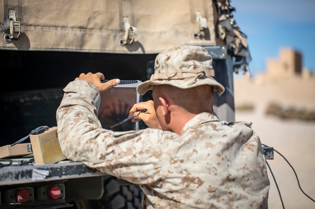 U.S. Marine Corps Lance Cpl. Harrison Dayton, an intelligence specialist with 1st Battalion, 25th Marine Regiment, 4th Marine Division, troubleshoots the RQ-20 Puma Unmanned Aerial System on a toughbook laptop at Marine Corps Air Ground Combat Center Twentynine Palms, Calif., July 31, 2019, during Integrated Training Exercise 5-19. Reserve Marines with 1/25 participate in ITX to prepare for their upcoming deployment to the Pacific Region. (U.S. Marine Corps photo by Sgt. Andy O. Martinez)