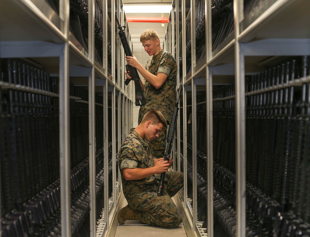 Marines who work at the armory perform weapons check on a weapons on Marine Corps Recruit Depot Parris Island S.C. June 21, 2019. The armory is in charge of over 10,000 rifles on Parris Island.
(U.S. Marine Corps photo by Lance Cpl. Ryan Hageali)
