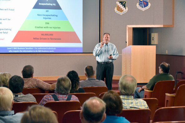 Walt Bishop, NAS deputy director of mission execution at Arnold Air Force Base, leads a safety culture presentation June 5. The purpose of the presentation, attended by a group of Arnold AFB craft personnel, was to remind employees to keep safety at the forefront while carrying out daily job duties. (U.S. Air Force photo by Bradley Hicks)