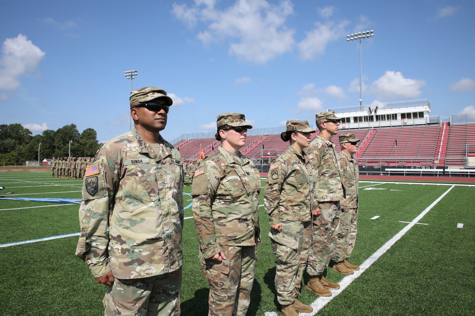 The Delaware National Guard held a deployment ceremony for 250 of the Delaware Army National Guard’s 198th Expeditionary Signal Battalion Soldiers at the Delaware State University Football Stadium in Dover, Del., August 3, 2019.