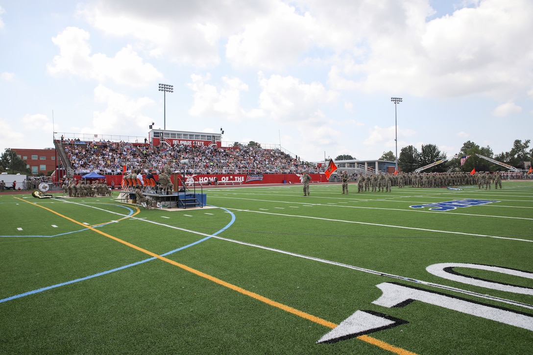 The Delaware National Guard held a deployment ceremony for 250 of the Delaware Army National Guard’s 198th Expeditionary Signal Battalion Soldiers at the Delaware State University Football Stadium in Dover, Del., August 3, 2019.